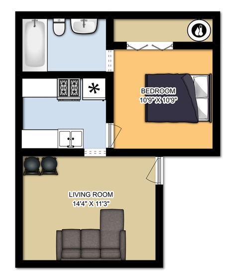 Floor plan for 1 bed, 1 bath, 500 sqft